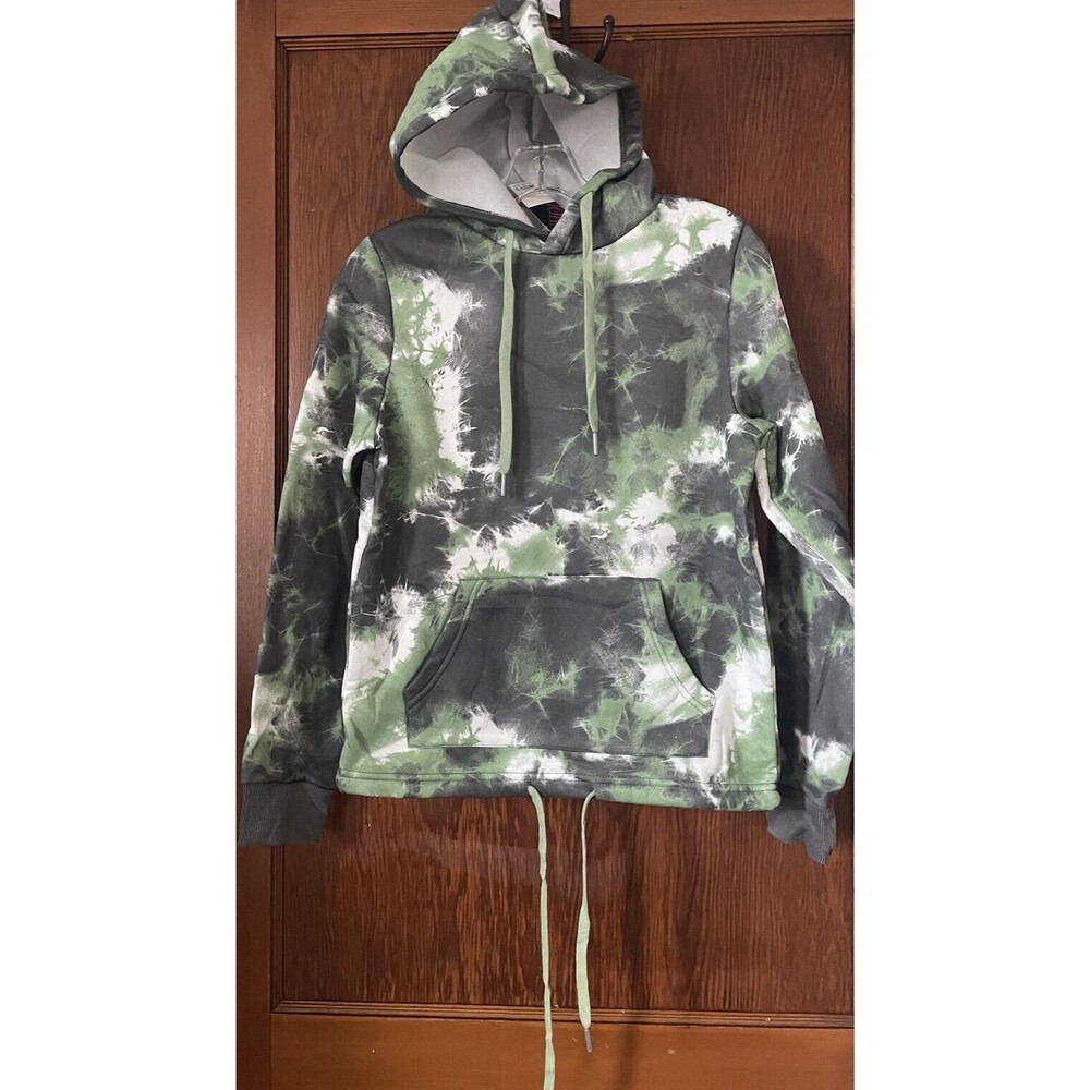 Mens Green Black White Tie Dye Sweatshirt Hoodie Drawstring Pocket L NWT
